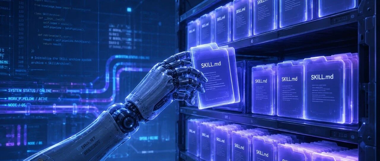 SKILL.mdと書かれたファイルを機械の手が棚から取り出す、AIエージェントのイメージ