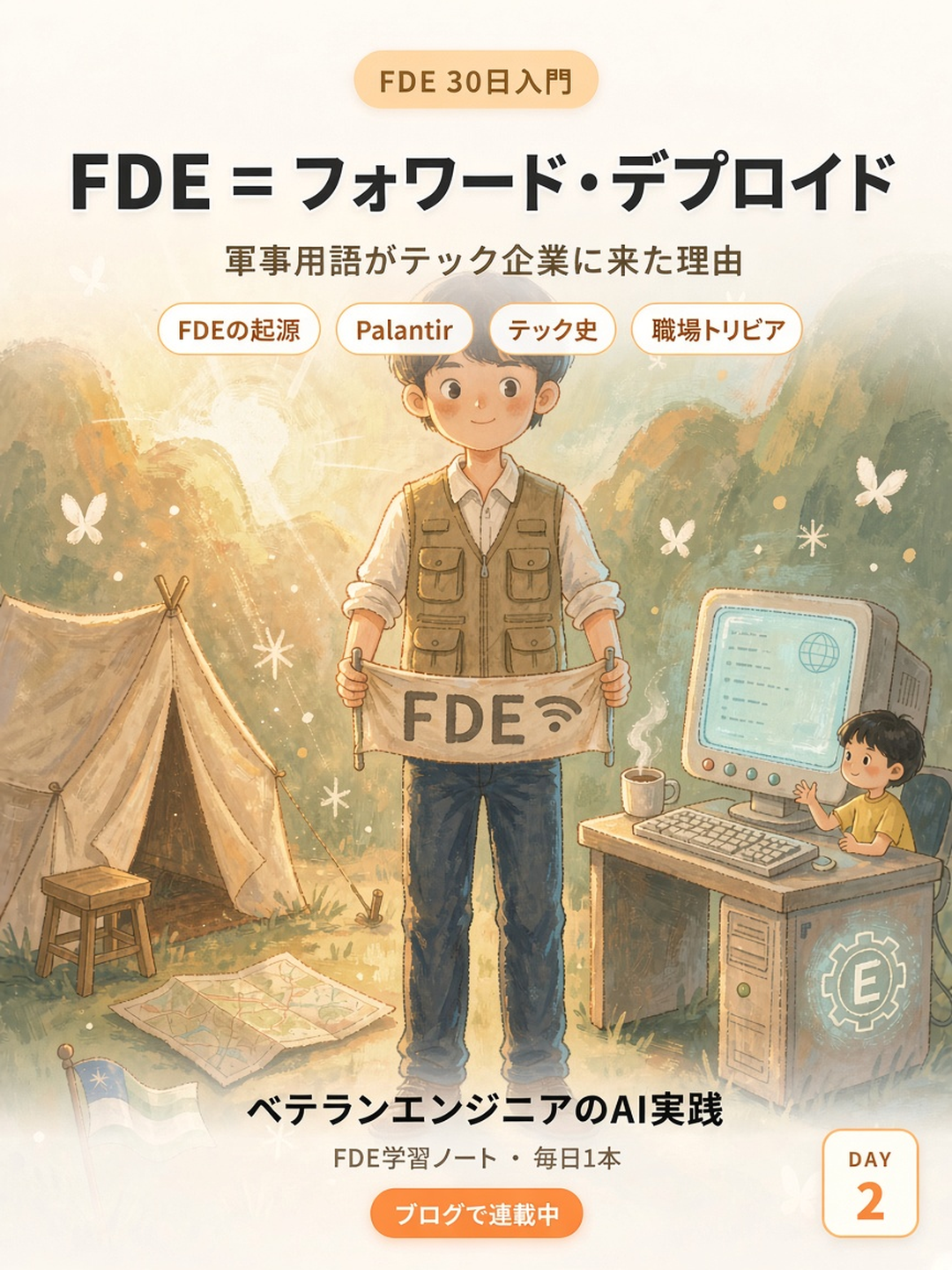 FDE = フォワード・デプロイド・エンジニアの時間配分と軍事的ルーツを説明するイメージ