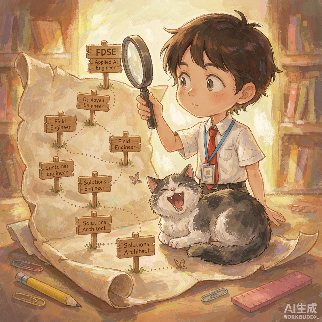 広げられた「職種地図」の羊皮紙、上に点線で7枚の木札が繋がれており、木札にはそれぞれ書かれている…
