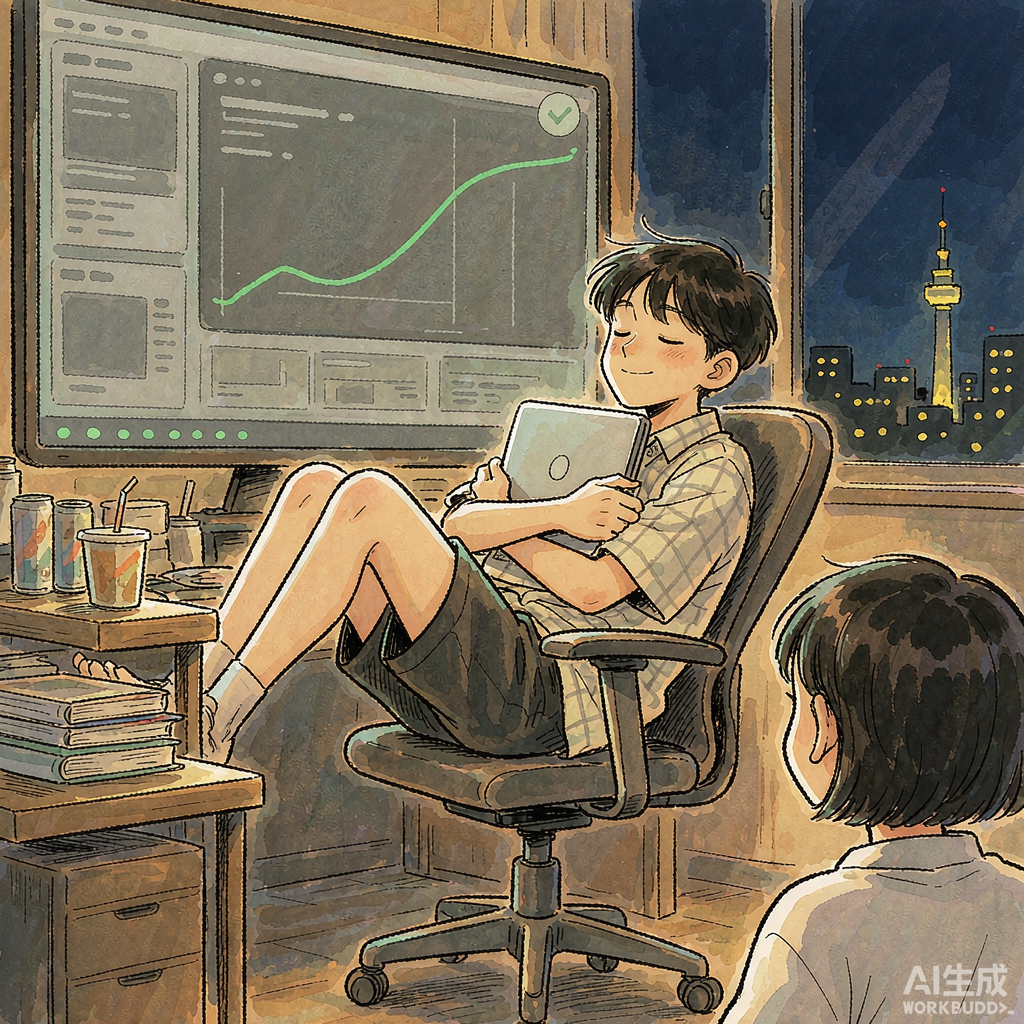 深夜のモニタリング大画面前、Q版FDEが椅子の背にもたれてノートパソコンを抱き、目を半閉じ…