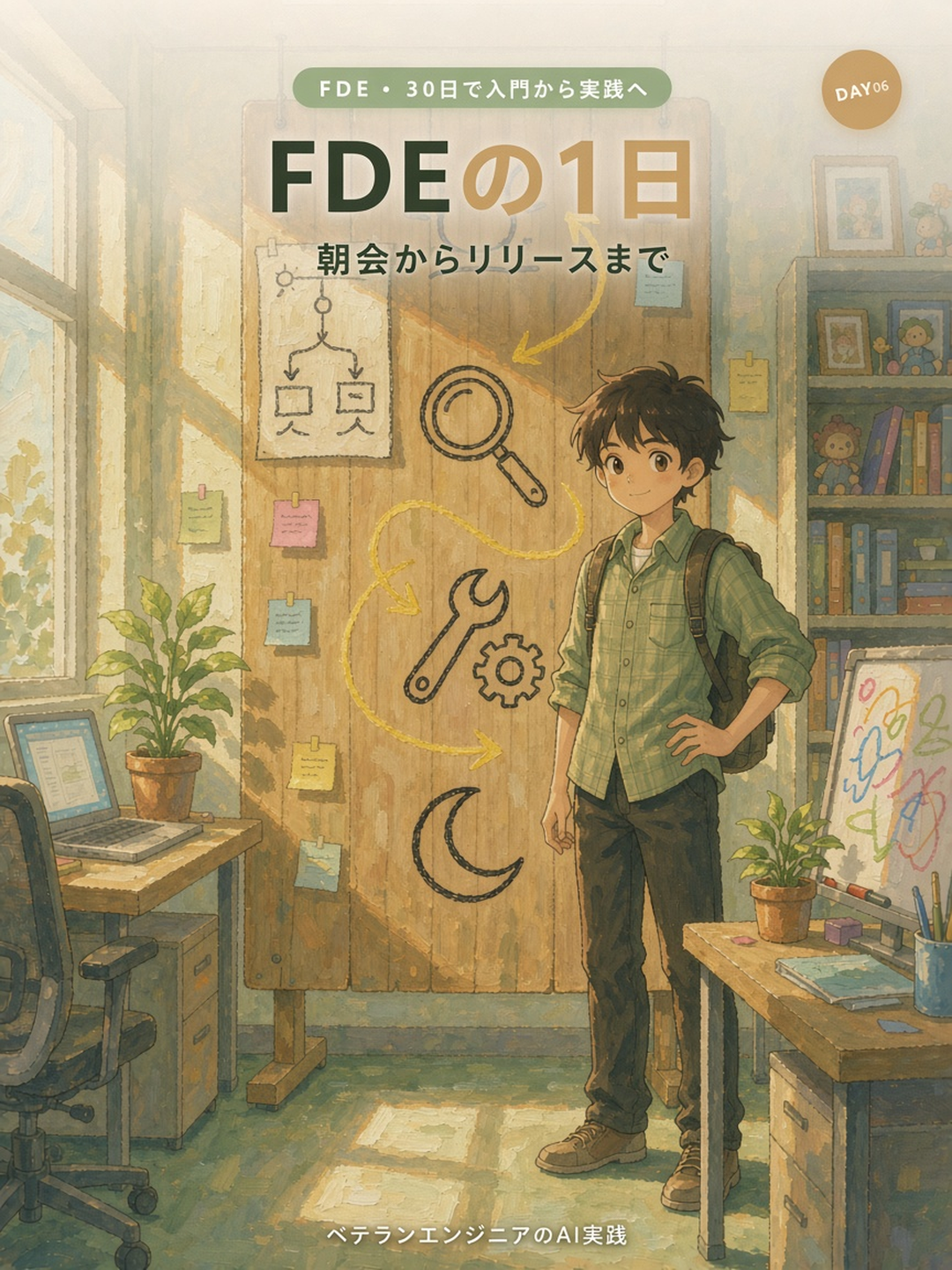 FDEの1日を朝会からリリースまでの流れで紹介するイメージ
