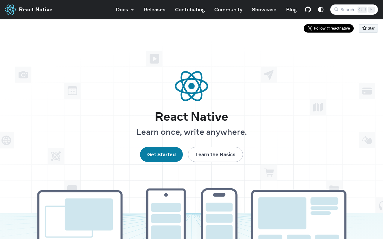 React Native 公式サイト(英語)トップ